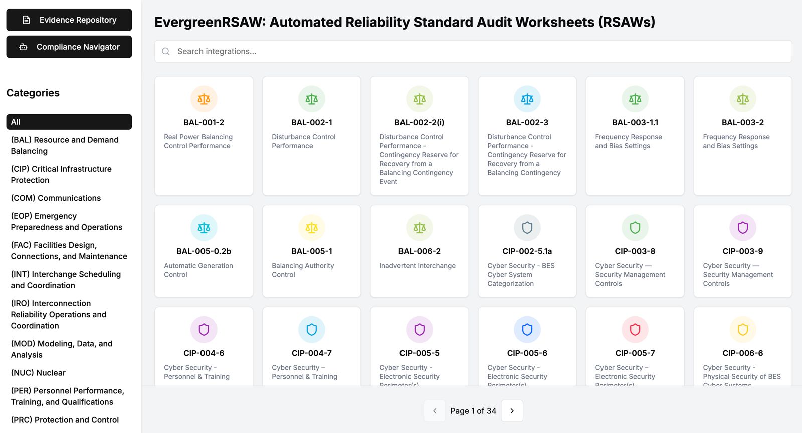 EvergreenRSAW: Automated Reliability Standard Audit Worksheets dashboard showing comprehensive compliance management interface
