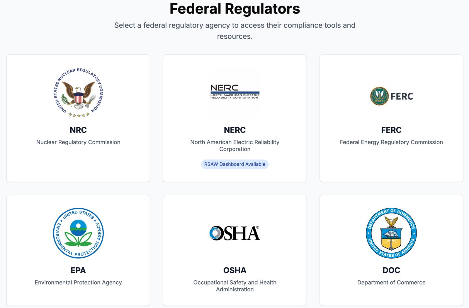 Federal regulatory agencies including NRC, NERC, FERC, EPA, OSHA, and Department of Commerce
